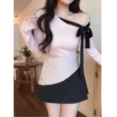 MR水貂毛蝴蝶结粉色斜肩针织衫女秋冬季内搭打底衫露肩上衣