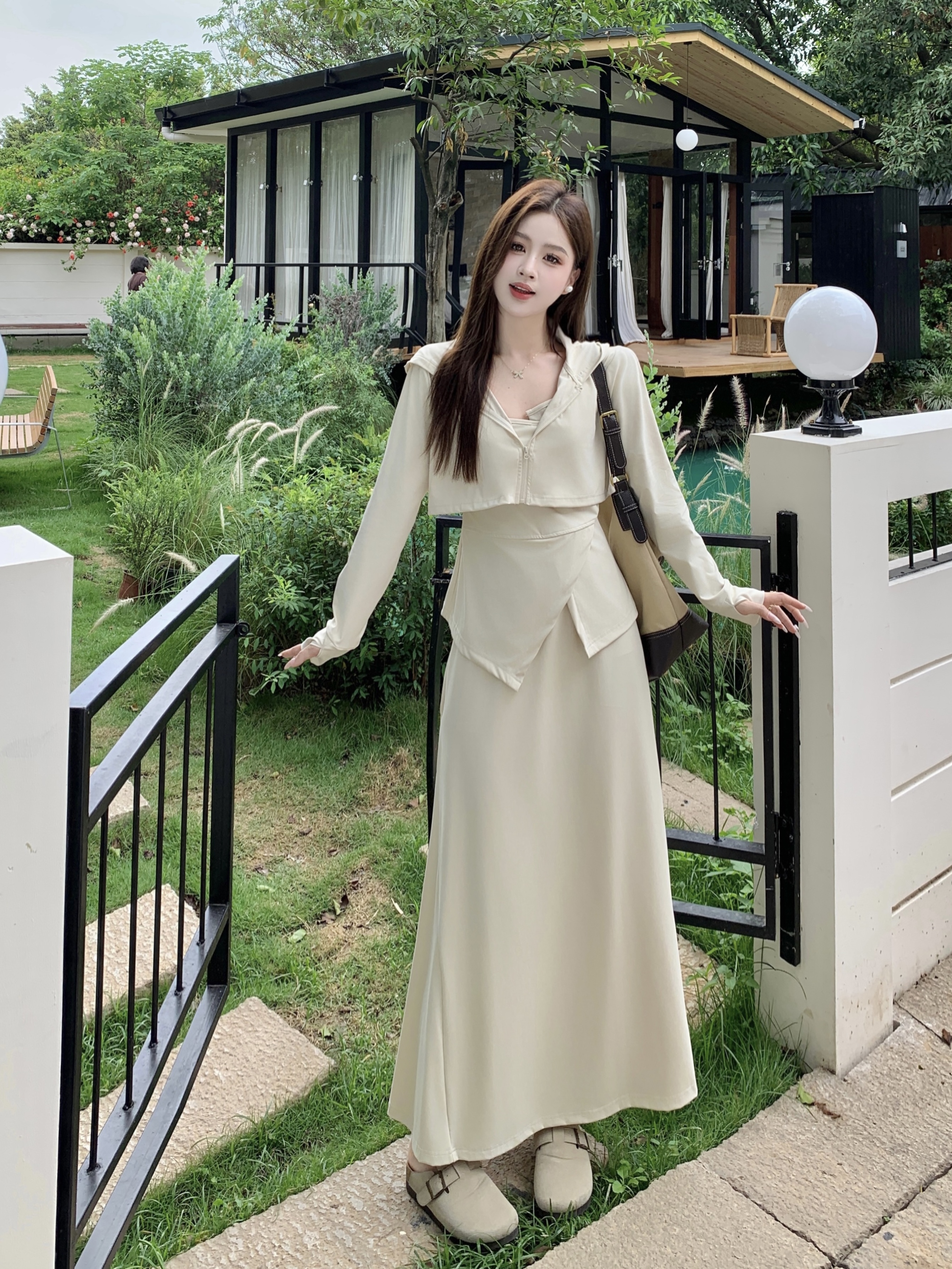 실사 2026 여름 지방 mm 자외선 차단 속도 건조한 원단 슬림해 보이는 오픈 가디건 슬립 맨위 반신 스커트 3종 세트