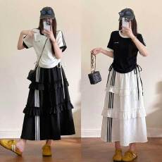 批发实拍 2026夏季<b class='q'>大码</b>时尚百搭学院风上衣+防走光<b class='q'>运动</b>裙长款黑蛋糕裙