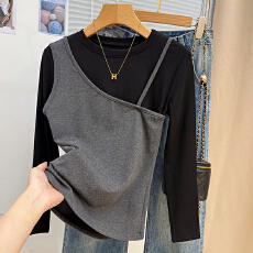 批发实拍不规则假两件长袖T恤女2025秋冬<b class='q'>修身</b>设计感打底衫百搭上衣