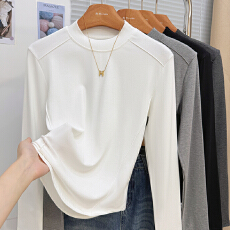 批发实拍小立领打底衫女秋冬鱼骨纹<b class='q'>长袖</b><b class='q'>T</b><b class='q'>恤</b>韩版正肩百搭不规则上衣服