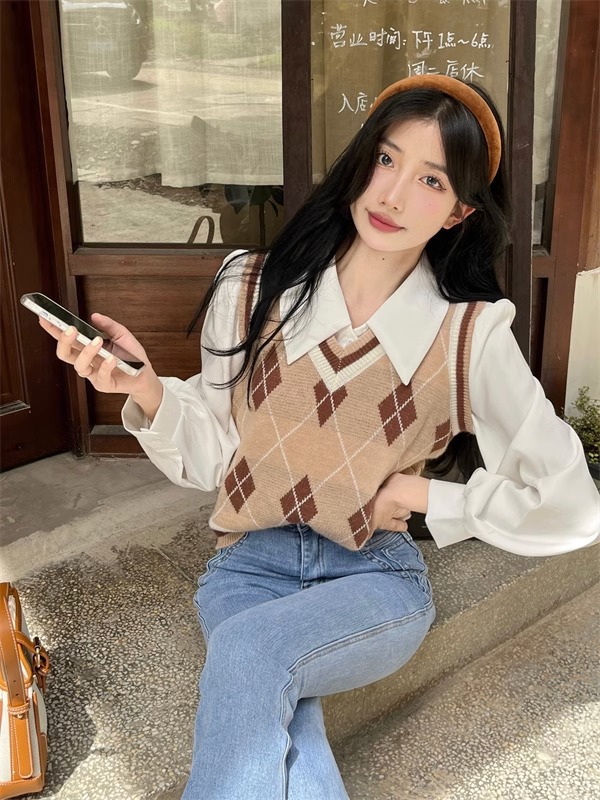 MY16617# 菱形格V 领针织衫马甲女秋冬叠穿外搭毛衣坎肩背心上衣女裝...