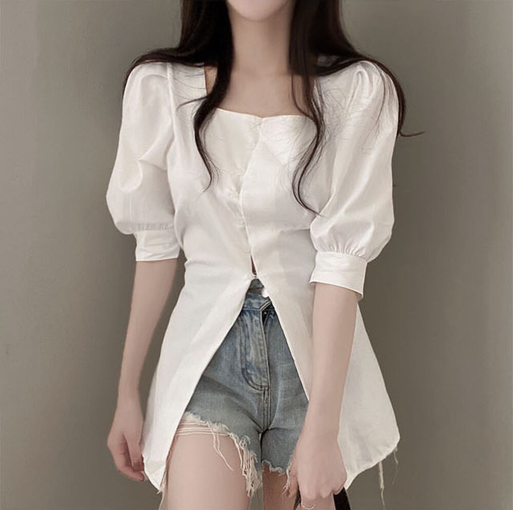 원본 한국 chic 여름 작은 대중 다용도 작은 단추 디자인 센스 중간 길이 벌룬 소매 셔츠 맨위