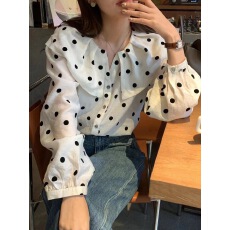批发娃娃领<b class='q'>长袖</b>衬衫女2026春季新款韩系甜美风撞色波点单排扣休闲衬衣