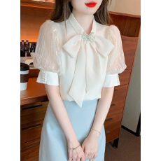 批发法式<b class='q'>蝴蝶结</b>短袖<b class='q'>衬衫</b>女2026夏季新款小众独特欧根纱泡泡袖雪纺上衣