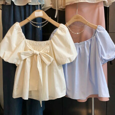 批发甜美盘扣蓝色娃娃衫上衣<b class='q'>蝴蝶结</b>泡泡袖<b class='q'>衬衫</b>女