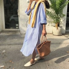 批发2026韩版百搭小清新条纹Polo领单排扣oversize长款<b class='q'>衬衫</b>式连衣裙