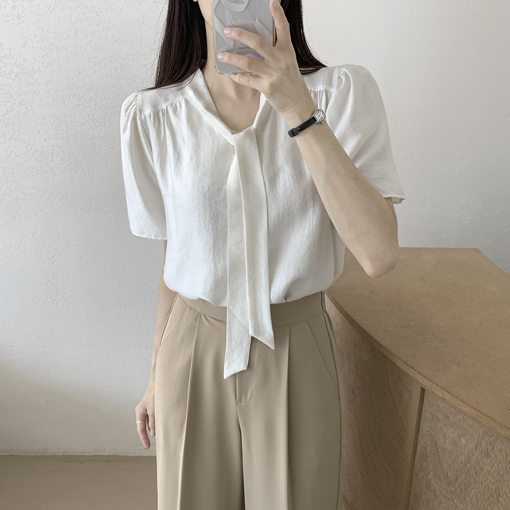 쉬폰 여성 셔츠 프랑스식 Chic 달콤함 품격 부드러운 반팔 맨위 chic 레이스업 디자인 센스 작은 대중 셔츠