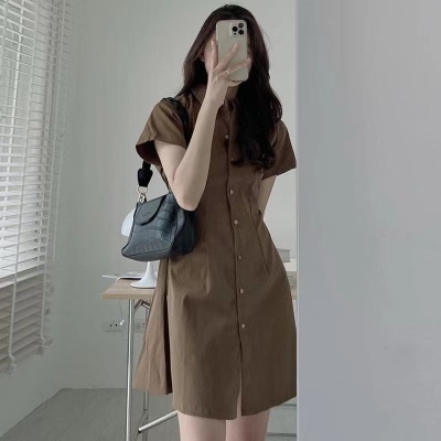 한국 chic 여름 미니멀리즘 품격 폴로 칼라 싱글 줄 버튼 허리 수축 슬림해 보이는 반팔 셔츠 스타일 작은 키 드레스
