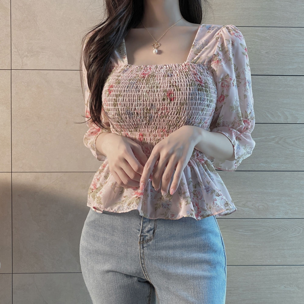 셔츠 꽃무늬 쇼트 스타일 거품 소매 광장 칼라 프랑스식 레트로 맨위 디자인 센스 여성 작은 대중