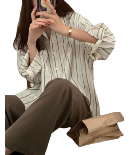 세로 줄무늬 셔츠 여성 긴 소매 봄 가을 새로운 패션 루즈핏 인기 항구 바람 여성 셔츠 스택 착용 맨위 트렌디