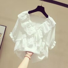 批发v领雪纺衫女2026夏季新款短袖荷叶边娃娃领时尚宽松显瘦洋气上衣