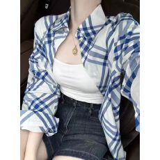 批发蓝白条纹衬衫女休闲宽松小个子穿搭超仙外搭开衫衬衣<b class='q'>外套</b>
