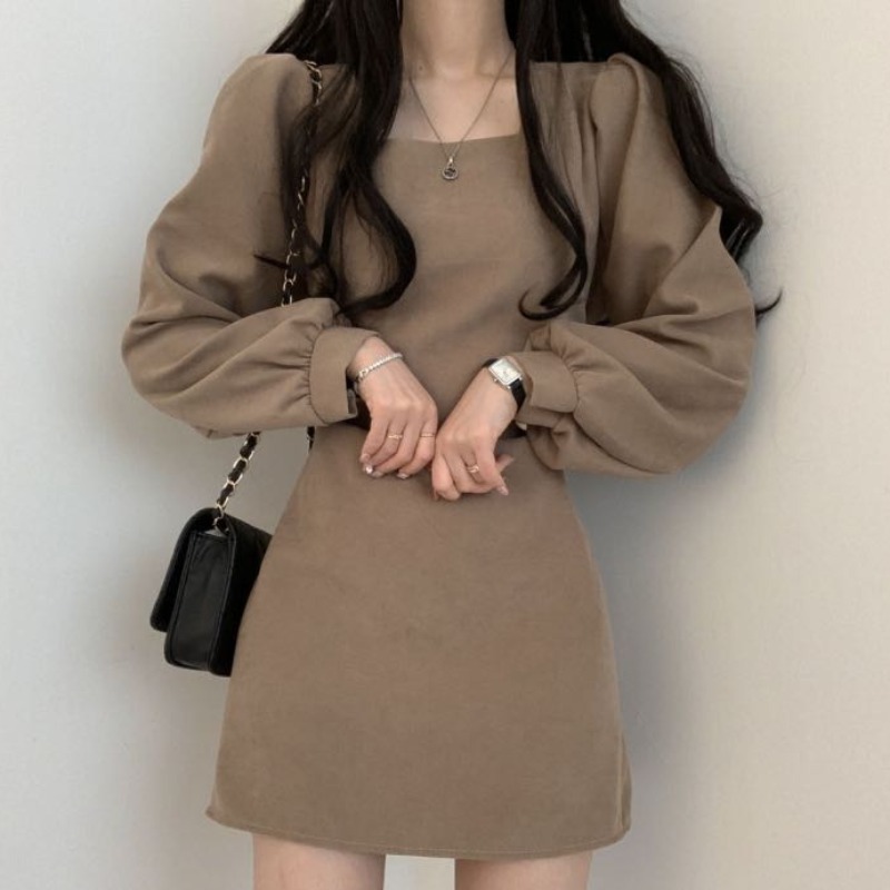 한국 chic 프랑스식 작은 대중 봄과 가을 옷 복잡한 고대 칼라 허리 수축 슬림해 보이는 쇼트 스타일 작은 키 하이웨이스트 드레스 트렌디