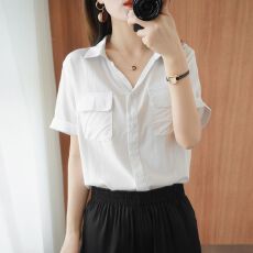 批发纯棉短袖<b class='q'>衬衫</b>女夏季新款<b class='q'>韩版</b>气质POLO领宽松百搭v领白<b class='q'>衬衣</b>上衣女