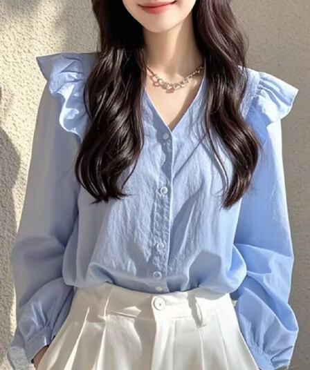 파란색 프릴 긴팔 여성 셔츠 2026 년 새로운 올해 인기 ~ 중 아름다운 작은 셔츠 프랑스식 맨위