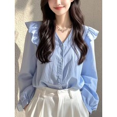 批发蓝色荷叶边<b class='q'>长袖</b><b class='q'>衬衫</b>女2026年新款今年流行的漂亮小衫法式上衣