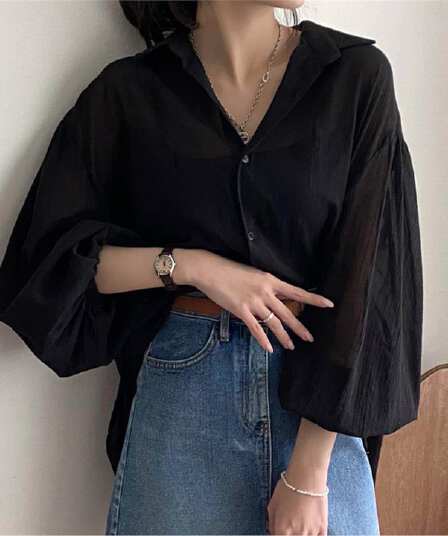 chic 봄 프랑스식 품격 폴로 칼라 작은 심장 기계 뒤로 트임 디자인 센스 마이크로 ~을 통해 얇은 스타일 자외선 차단