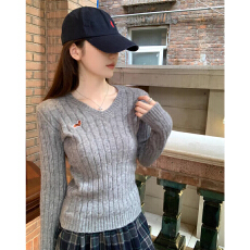 批发秋冬<b class='q'>韩版</b>新款套头麻花V领刺绣设计软糯内搭毛衣针织衫上衣女