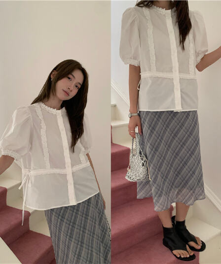 한 부서 달콤함 프릴 반팔 셔츠 체크무늬 반신 치마 세트