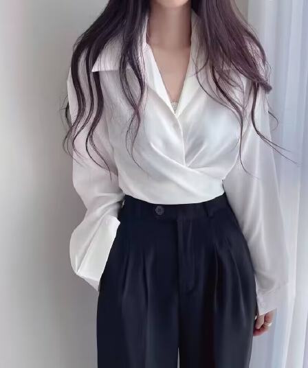 한국 chic 봄 가을 연령 감소 레트로 작은 대중 디자인 센스 품격 허리 수축 슬림해 보이는 레이스업 싱글 줄 버튼 쇼트 스타일 셔츠