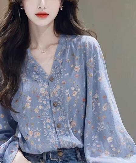 2026 프랑스식 우아함 아름다운 파란색 꽃무늬 V넥 긴팔 봄 가을 새로운 슈퍼 잘 생긴 루즈핏 표지 고기 셔츠