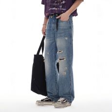 批发实拍复古做旧小众破洞牛仔裤男春夏新款宽松百搭阔腿拖地直筒长裤