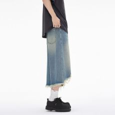 批发美式潮牌复古水洗毛边牛仔七分裤男cleanfit夏季直筒痞帅休闲裤