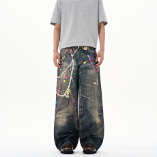 批发2025早秋AC家数码<b class='q'>糖果</b>印花珠帆布牛仔裤男潮牌宽松阔腿直筒长裤
