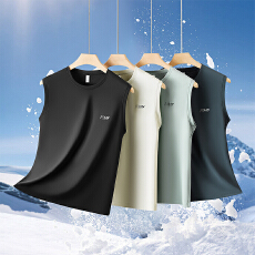 批发液氨丝光棉男士背心夏季冰丝凉感无袖T恤运动健身插肩袖宽松圆领