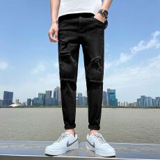 批发夏季薄款黑色<b class='q'>破洞</b>牛仔裤男韩版潮流<b class='q'>小脚裤</b>修身乞丐裤子九分长裤