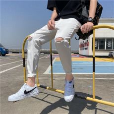 批发2025夏季薄款一字<b class='q'>破洞</b>牛仔裤男弹力修身小脚潮流休闲九分长裤子