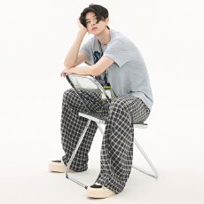 批发2025夏季新款潮牌格子休闲裤男女同款潮流宽松阔腿弯刀中性裤子