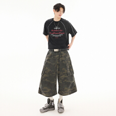 批发2025夏季新款潮牌迷彩七分工装裤男女同款宽松阔腿中性百搭短裤