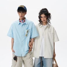 批发实拍2025夏季冰凉感速干泡泡纱短袖衬衫男女中性款宽松冰丝衬衣