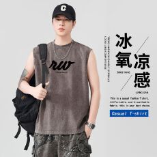 批发夏季新款230g重磅纯棉洗水背心男印花纯色宽肩无袖运动坎肩