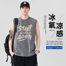 批发夏季新款美式潮牌重磅纯棉洗水背心男印花纯色宽肩无袖运动坎肩