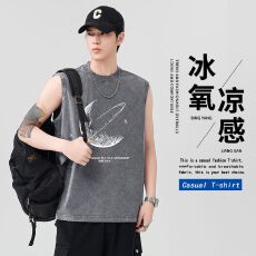 批发夏季新款230g重磅纯棉洗水背心男潮流印花宽肩无袖运动坎肩背心