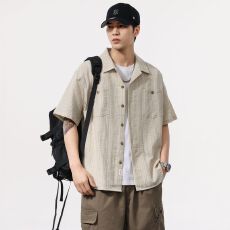 批发老钱风复古亚麻条纹提花<b class='q'>短袖</b><b class='q'>衬衫</b><b class='q'>男士</b>夏季新款棉麻休闲<b class='q'>衬衣</b>