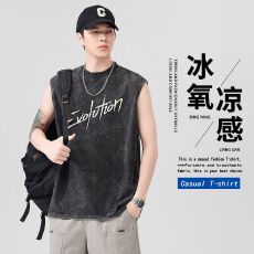 批发夏季新款潮牌重磅纯棉洗水背心男印花宽肩无袖运动坎肩背心