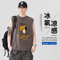 批发夏季新款潮牌重磅纯棉洗水背心男印花百搭宽肩无袖运动坎肩