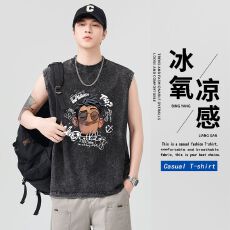 批发夏季新款磅纯棉洗水背心男潮牌印花百搭宽肩无袖运动美式坎肩