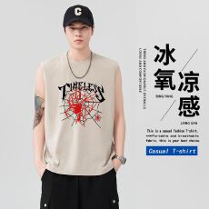批发实拍夏季新款潮牌重磅纯棉洗水背心男印花纯色宽肩无袖运动坎肩