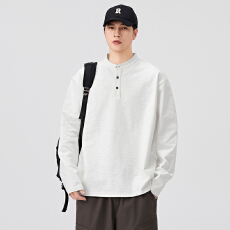 批发实拍新款竹节棉亨利领套头长袖T恤男美式潮牌高街时尚卫衣