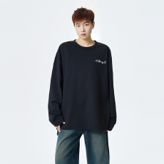 批发实拍2025秋季新款长袖T恤男重磅迪桑麻宽松休闲圆领潮牌印花速干t