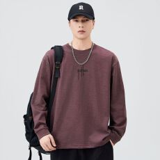 批发实拍2025秋季新款竹节棉长袖T恤男圆领宽松休闲打底衫刺绣体恤衫