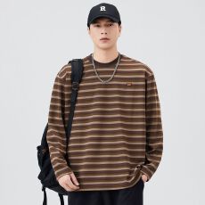 批发实拍2025秋季新款条纹长袖T恤男士宽松百搭圆领潮流休闲体恤衫