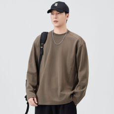 批发实拍2025秋季长袖T恤男纯色拼接设计圆领体恤衫百搭休闲重磅体恤