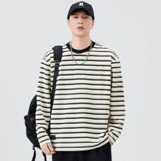 批发实拍2025秋季新款重磅条纹长袖T恤男宽松百搭圆领潮流休闲体恤衫