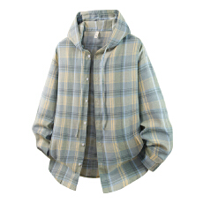 批发实拍2025秋季新款长袖格子衬衫男连帽宽松潮流百搭帅气休闲外套男